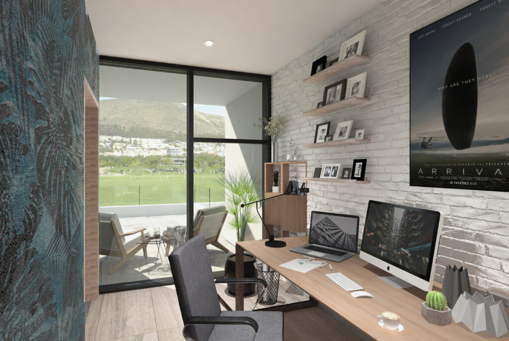 Estudio con vistas al exterior y mobiliario moderno